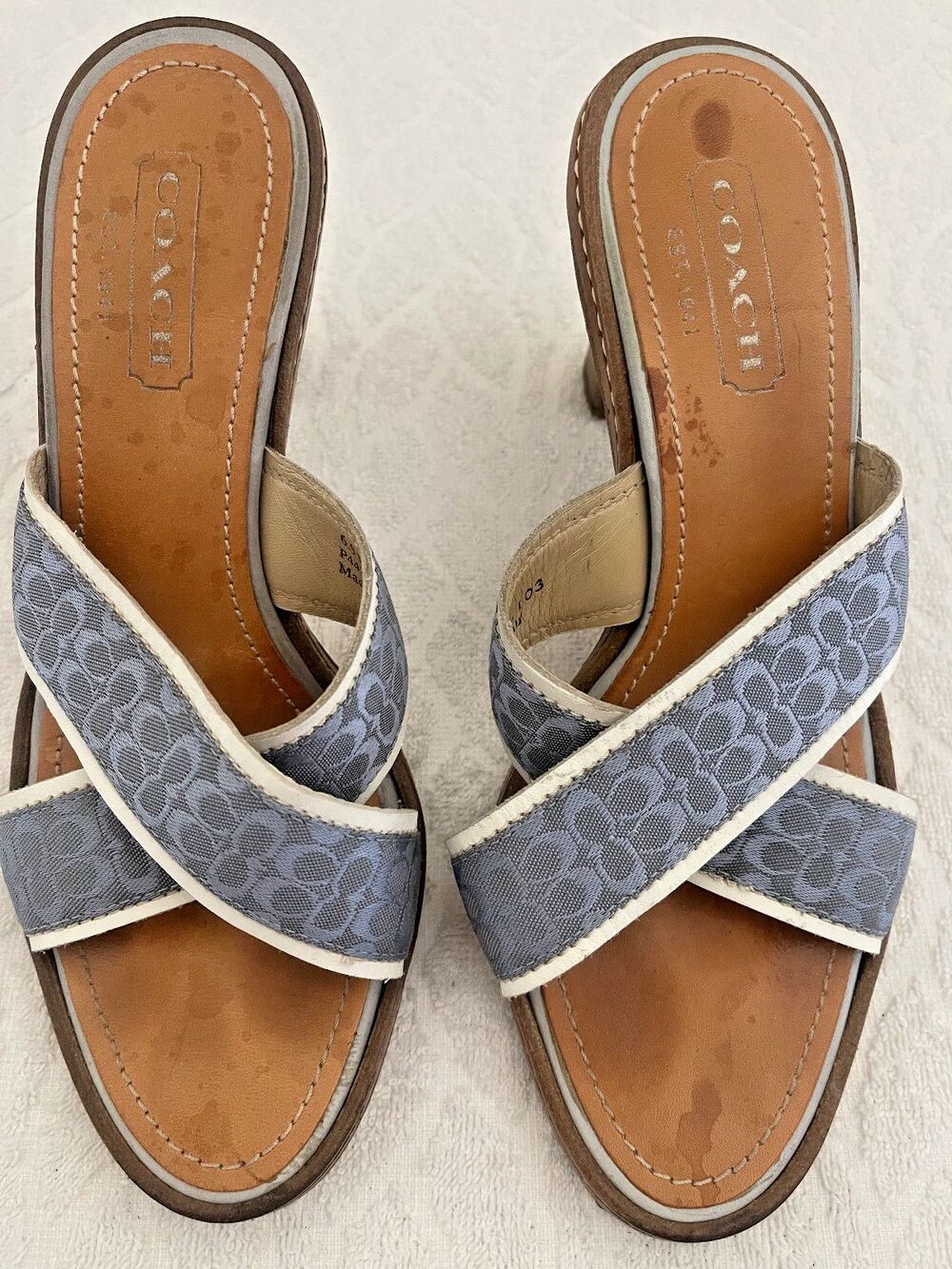 COACH Sz 6.5 Vintage Dede Signature Slide Blue-Cross Canvas Straps Block Heels